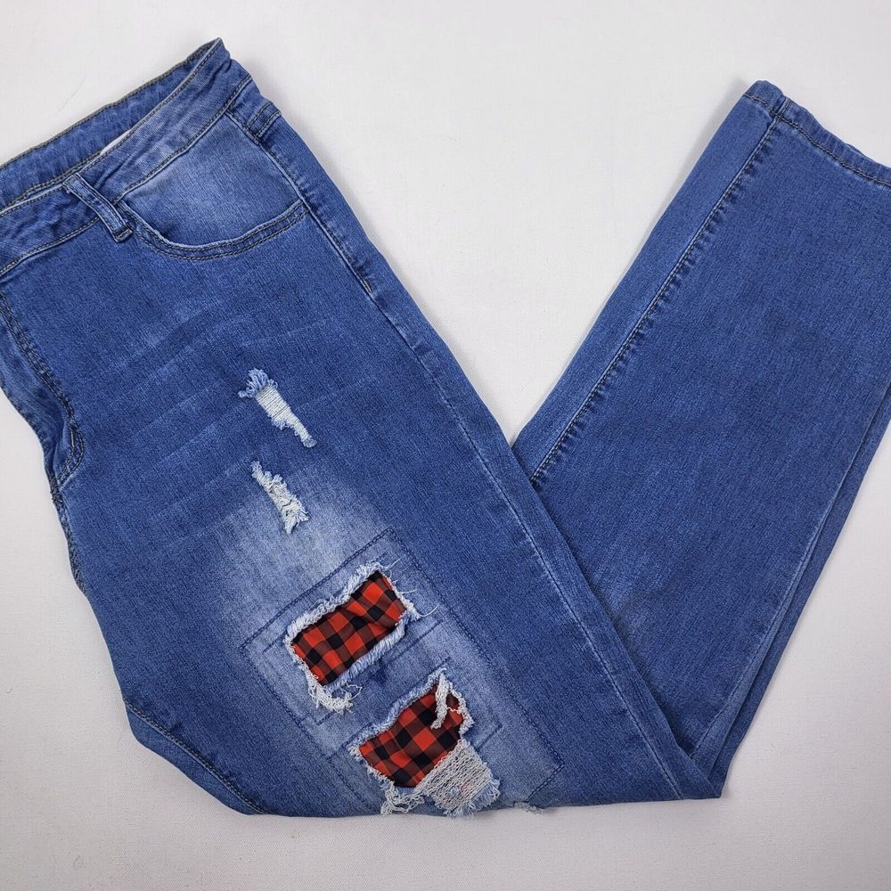 Ripped Distressed Jeans with Buffalo Plaid Women's Size XLarge High Rise 36 x 29